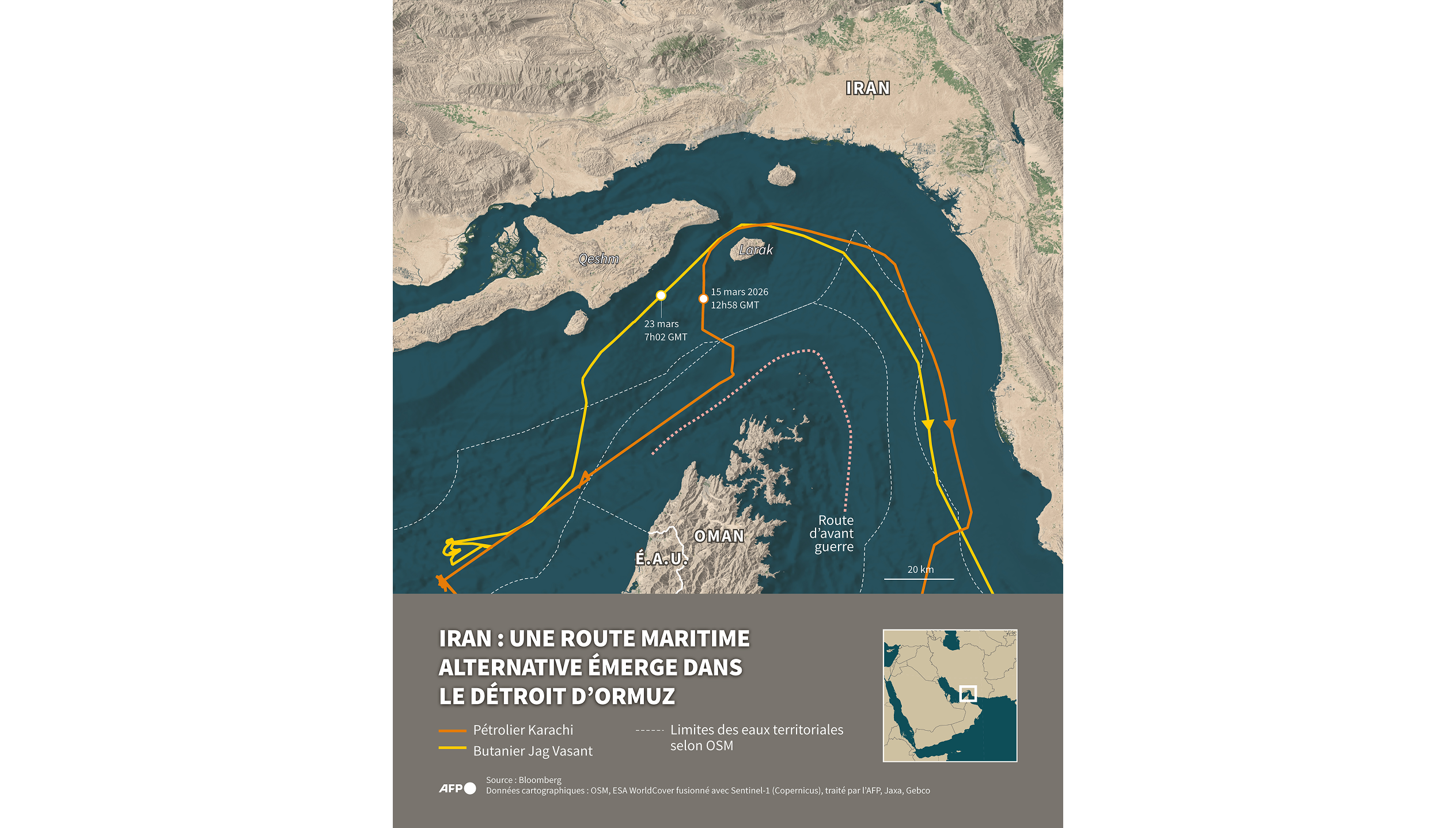 Infographie représentant une carte de l'itinéraire alternatif emprunté par certains navires traversant le détroit d'Ormuz, ainsi que l'itinéraire utilisé avant le début de la guerre au Moyen-Orient, qui a éclaté le 28 février 2026.